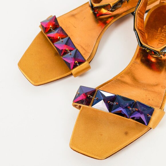 Gucci Gold Satin Jewel-Embellished Sandals - Picture 5 of 9